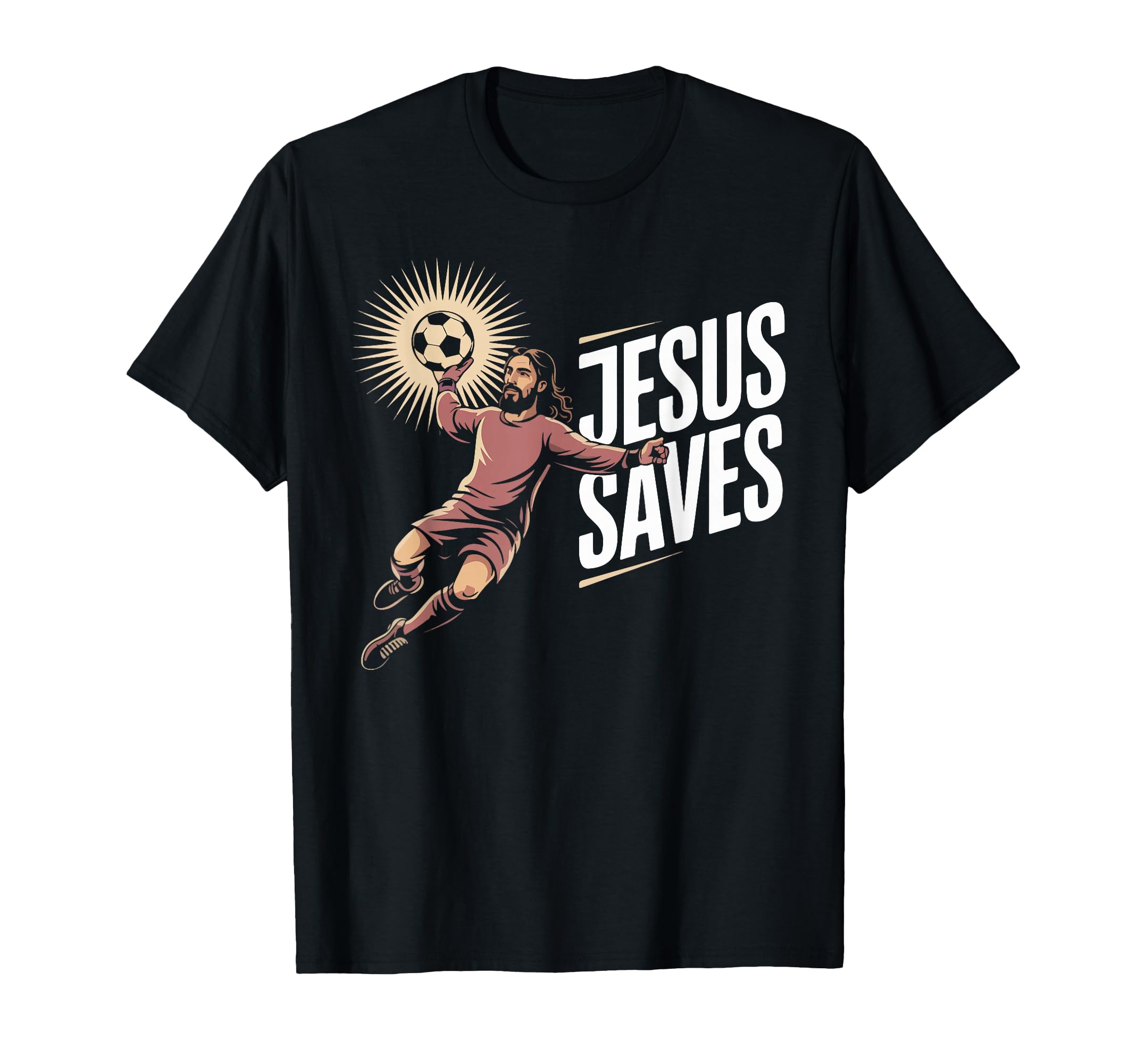 Jesus Saves Soccer Goalkeeper Fun T-Shirt - Casual Everyday Wear Men Women