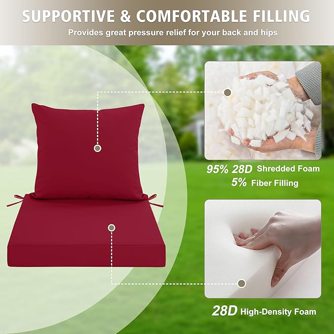 Outdoor Cushions for Patio Furniture, Waterproof Outdoor Chair Cushion w/Fade-Resistant, Removable & Machine-Washable Cover, 22x22 Inch, Deep Seat Sofa/Couch Pad Replacement – Set of 4, Burgundy