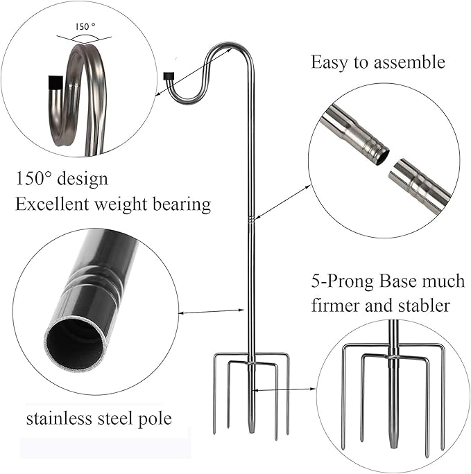 Shepherds Hook for Outdoor, 30 Inch Tall & 5/8 Inch Diameter Stainless Steel Heavy Duty Poles to Hang Outdoor Lights with 5 Prongs Base, Suitable for Bird Feeders or Wedding Decors(1pack)