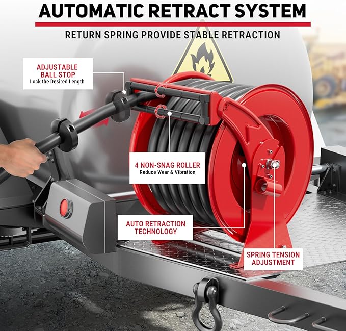 Fuel Hose Reel 1" x 50FT Extra Long Retractable Diesel Reel 300 PSI Auto Swivel Rewind Diesel Hose Reel with Fueling Nozzle Industrial Carbon Steel for Vehicle Tank Truck Trailer Ship, Red