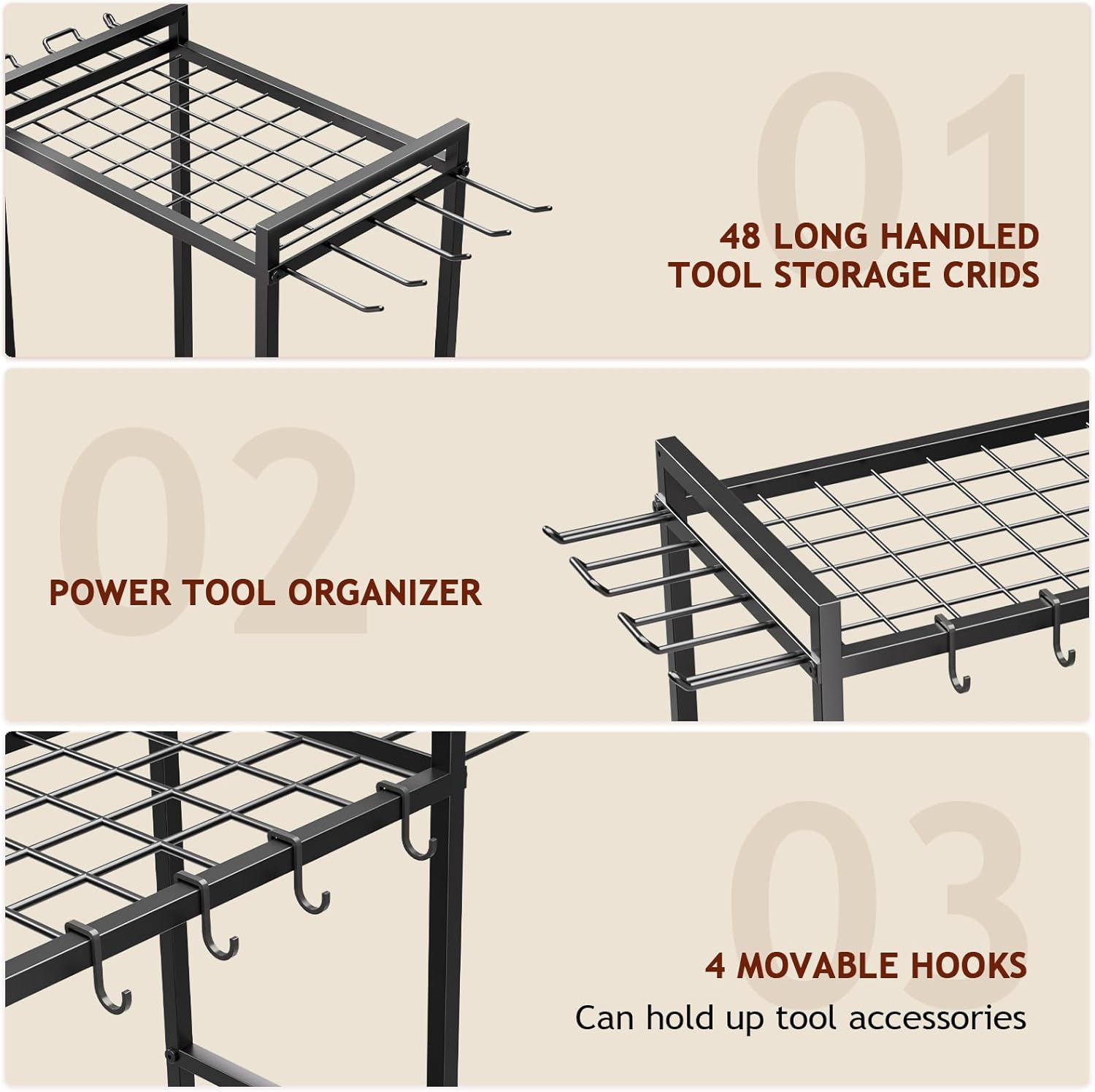 Garden Garage Tool Organizer - Yard Tool Organizer for Garage with 4 Hooks, Heavy duty Steel Garden Tool Rack Holds up to 48 Long Handled Yard tools for Storage