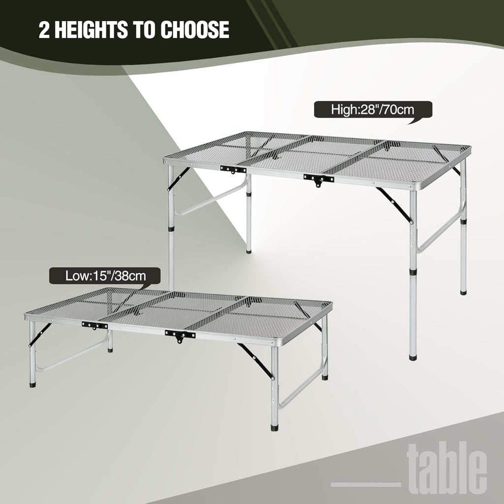 REDCAMP 48x24 Long Folding Grill Table for Outside, Lightweight Portable Metal Aluminum Outdoor Grill Table with Adjustable Height Legs, Great for Camping Picnic Cooking BBQ, Silver 4ft