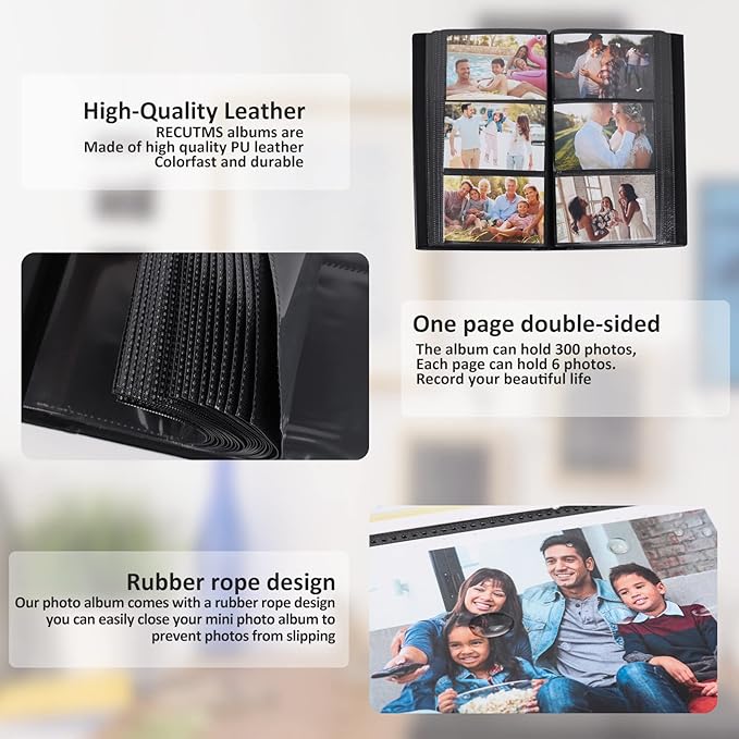 Photo Album 4x6 for 300 Photos Pictures PU Leather Cover Black Inner Page for Wedding Albums Family Photo Book Baby Anniversary Pocket Vacation Birthday Christmas Photo Albums Gift (Black)