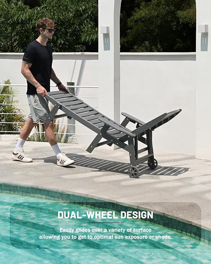 Lounge Chair Outdoor, Chaise Lounge Chair Outdoor, HDPE 6-Position Lounge Chair for Outside, Patio Lounge Chair with Wheels & Cup Holder for Pool Poolside Deck Backyard, Grey