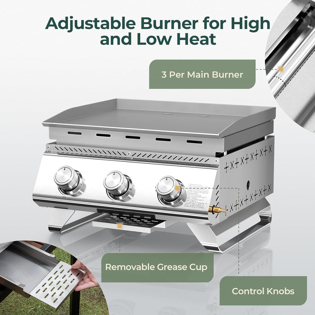 R.W.FLAME 3-Burner Tabletop Propane Gas Grill Stainless Steel Portable Outdoor Griddle,24,000 BTU Compact Flat Top Camping BBQ Grill,347 Sq. In. Cooking Area