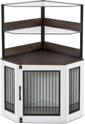 MCombo Small Corner Dog Crate Furniture with Glass Shelves, Wooden Dog Kennel Furniture with Door, Pet Crate Indoor Use, CN17 (White and Brown)
