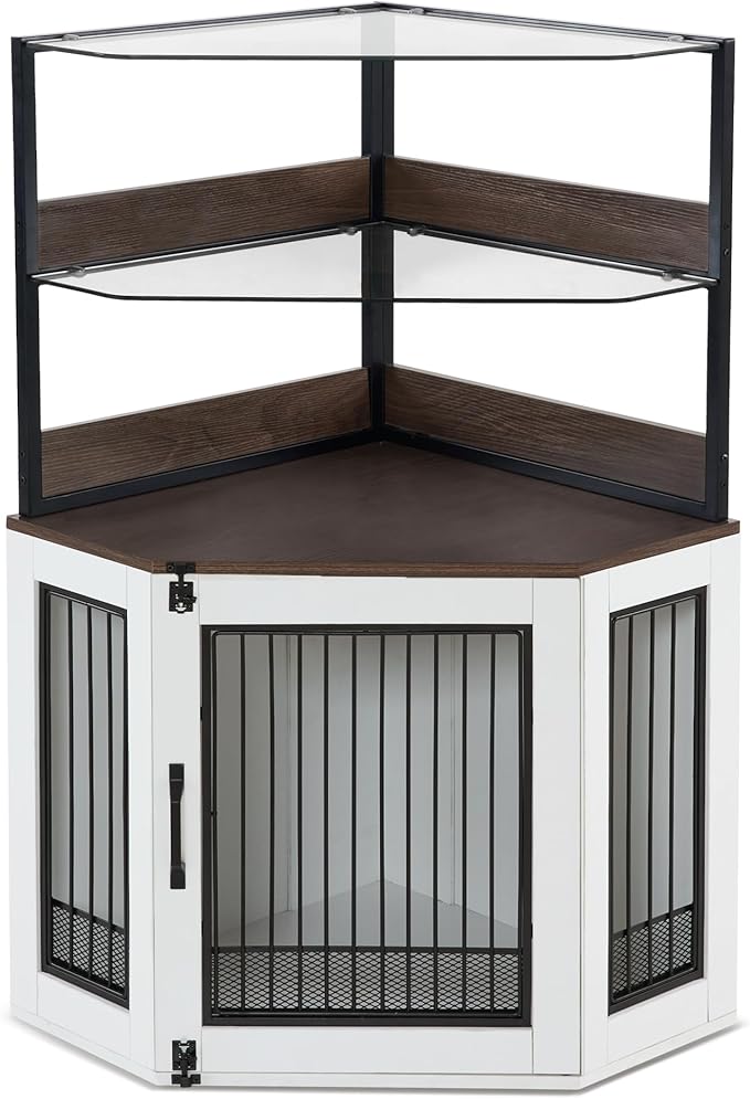 MCombo Small Corner Dog Crate Furniture with Glass Shelves, Wooden Dog Kennel Furniture with Door, Pet Crate Indoor Use, CN17 (White and Brown)