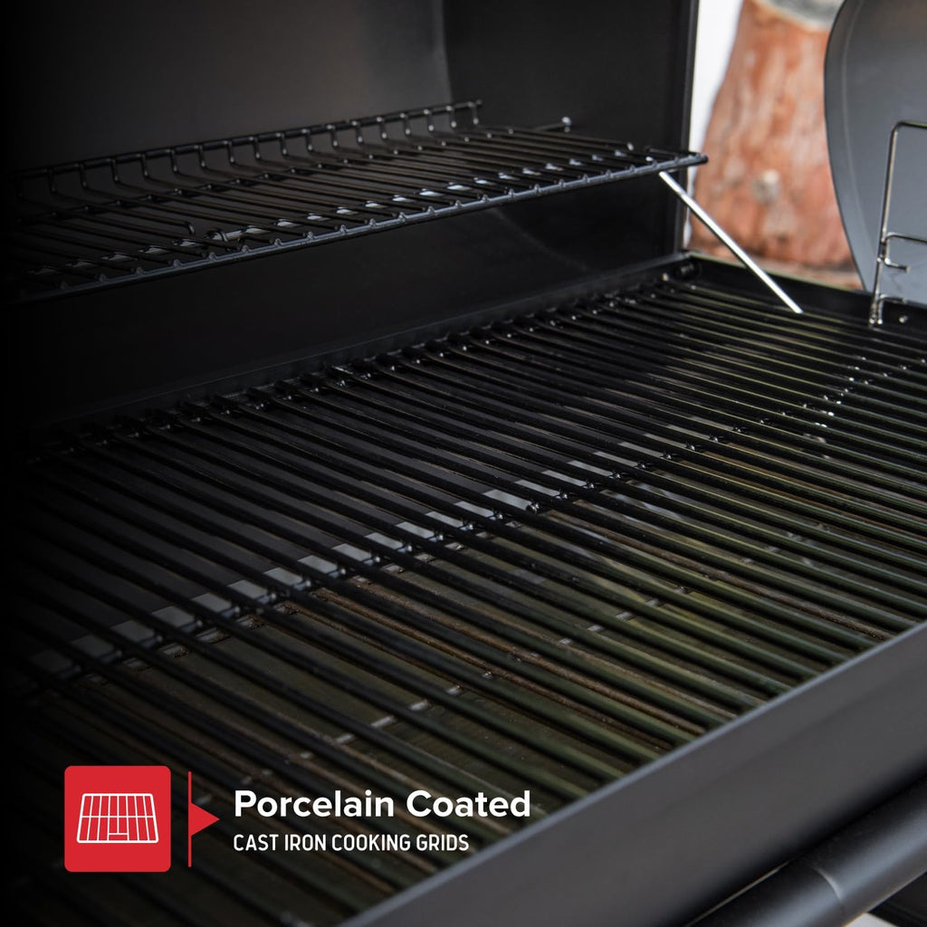 Nexgrill Premium 29" Charcoal Grill with Side Shelf, 552 SQ In Cooking Space, Adjustable Charcoal Tray, Chimney Air Vent, Warming Rack, Barrel Smoker Grill for Camping, Picnics, and More - 810-0029C
