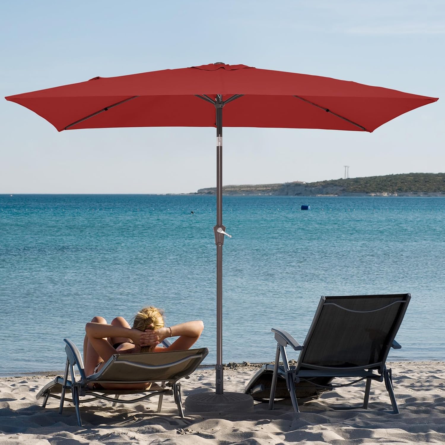 JEAREY 6.5x10 ft Rectangular Patio Umbrellas Outdoor Market Umbrella with Push Button Tilt and Crank, Rectangle Table Umbrella 6 Sturdy Ribs UV Protection for Pool Garden Backyard Deck, Red