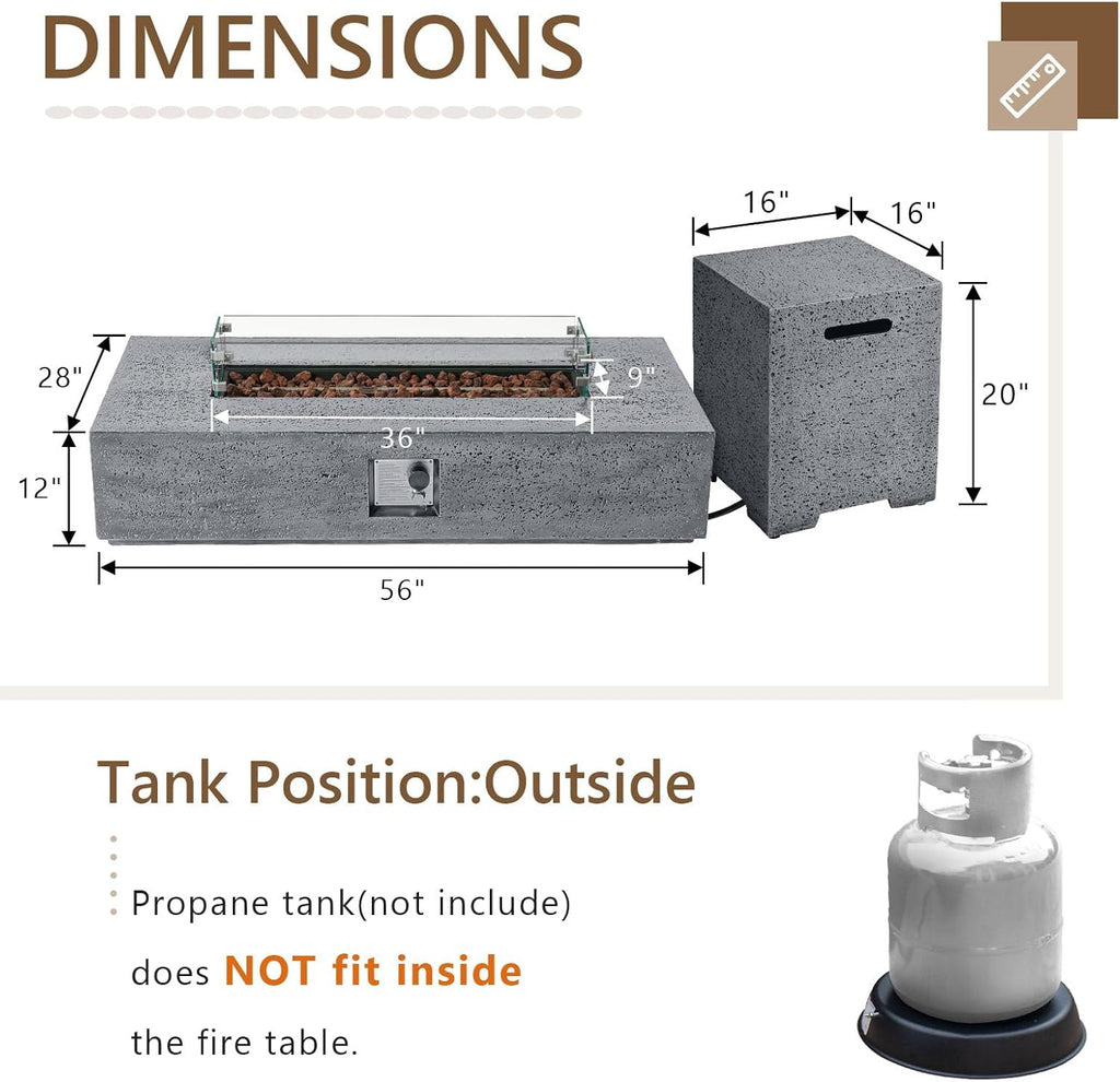 COSIEST 56 x 28 inch Outdoor Propane Fire Pit Coffee Table w Concrete Rectangle Base, CSA Certified, 50,000 BTU, Free Lava Rocks and RainCover, Fits 20lb Tank Outside, Wind Guard, Tank Cover, Gray
