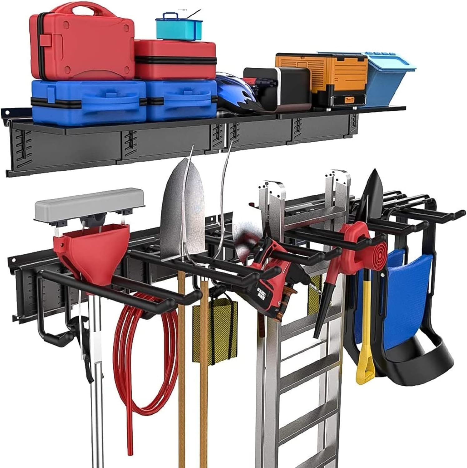 TORACK Garage Storage Organizer Systems, Wall Mount Overhead shelving, 48 inch Heavy Duty Steel Tool Racks, 6-Pack 12'' Double Hooks, 48 inch by 7 inch Floating Shelves, up to 1200Ibs