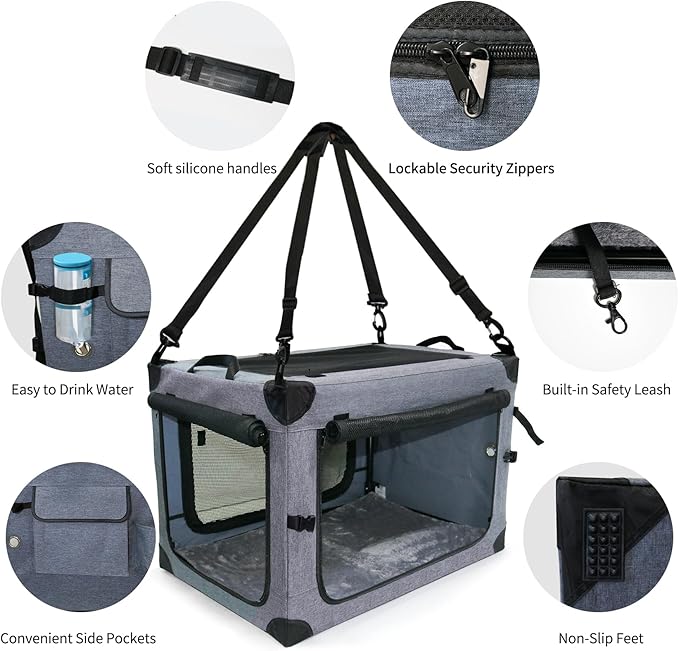NEZUC Soft Collapsible Dog Crate - 24 Inch Portable Soft Sided Travel Dog Crates for Small Dogs, 4-Door Foldable Dog Carrier, Pet Kennel Indoor & Outdoor (Gray, 24.0" L x 17.0" W x 17.0" H)