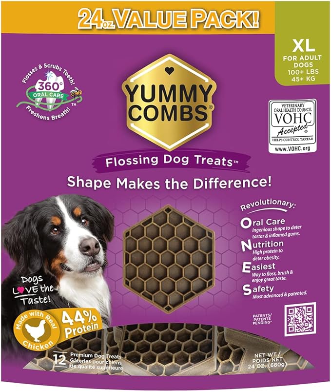 Dog Dental Treats – Vet VOHC Approved – Delicious Chicken Protein – Removes Tartar with Cleaning Comb Shape – Dental Dog Treats for Extra Large Dogs (24oz, 12 Count)
