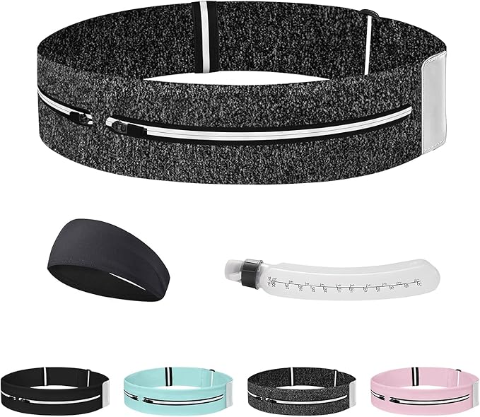 Running Belt for Women and Men, Adjustable Fanny Packs No Bounce Phone Holder for Running with Water Bottle & Headband, Waterproof Reflective Waist Packs for Runner Fits All Phones (L-Gray)