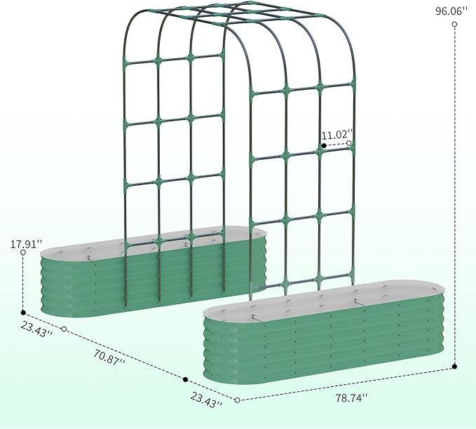 Galvanized Raised Garden Bed with 96" Tall Vertical Arch Trellis – Expandable Rust-Resistant Planter Box for Outdoor Plants, Flowers, Herbs & Vines – Includes Plant Clips, Drainage Netting,Green