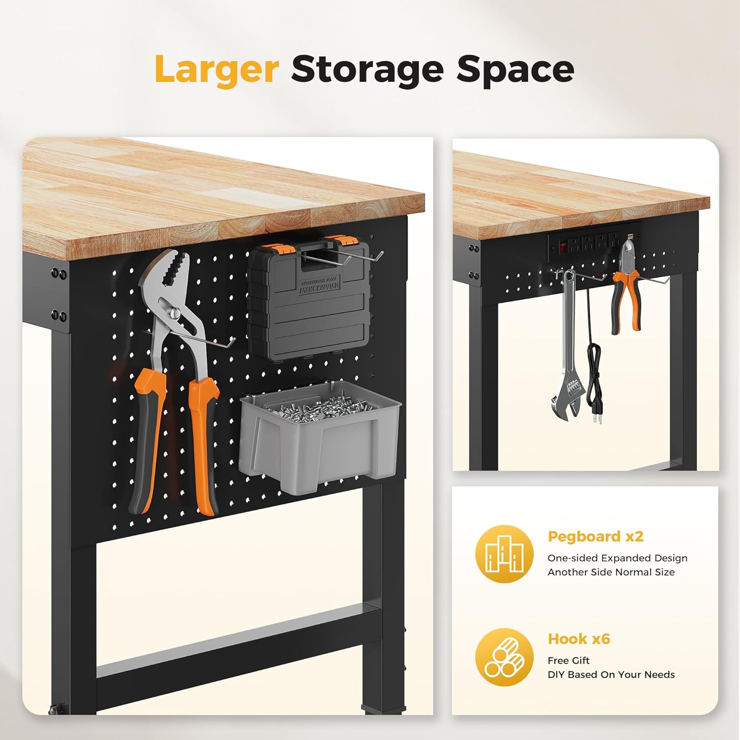60" Adjustable Heavy Duty Workbench, 2000 LBS Load Capacity Rubber Wood Work Table with Pegboard, Power Outlets, Work Bench for Garage, Workshop, Office, Home, Commercial