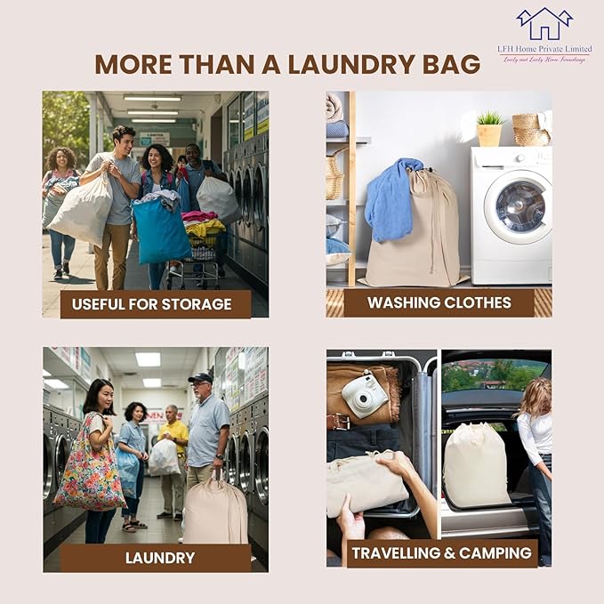LFH Home Cotton Canvas Extra Large Laundry Bag with Handle, Heavy Duty Drawstring Closure Washable Laundry Bags, School Travel, Home, Hotel, College Dorm, Organizer Sack, Toys Clothes 28x40-Natural