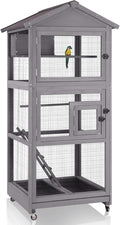 GUTINNEEN Large Bird Cage Outdoor Wooden Aviary Indoor on Wheels, with Play Stand, Perches, Nest Habitat & Wire Mesh Tray for Easy Cleaning