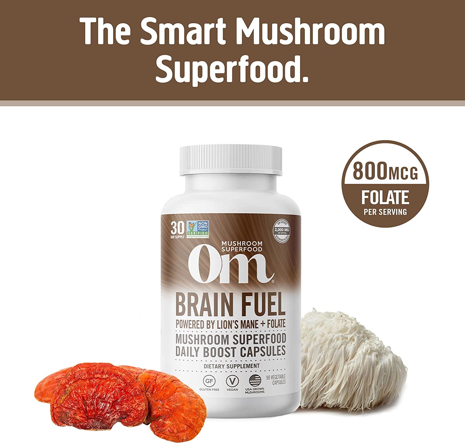 Om Mushroom Superfood Brain Fuel Capsules, 90 ct - Lion's Mane & Reishi (Packaging May Vary)