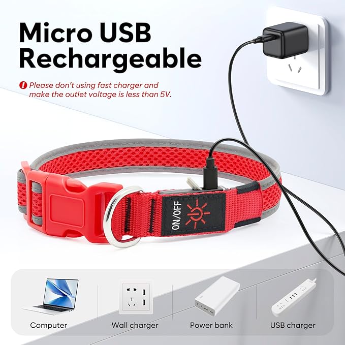 Flashseen LED Dog Collar, Light Up Dog Collar USB Rechargeable, Brightest Dog Lights for Night Walking, Adjustable Dog Collar Light for Dog Safety(Small, Ruby Red)