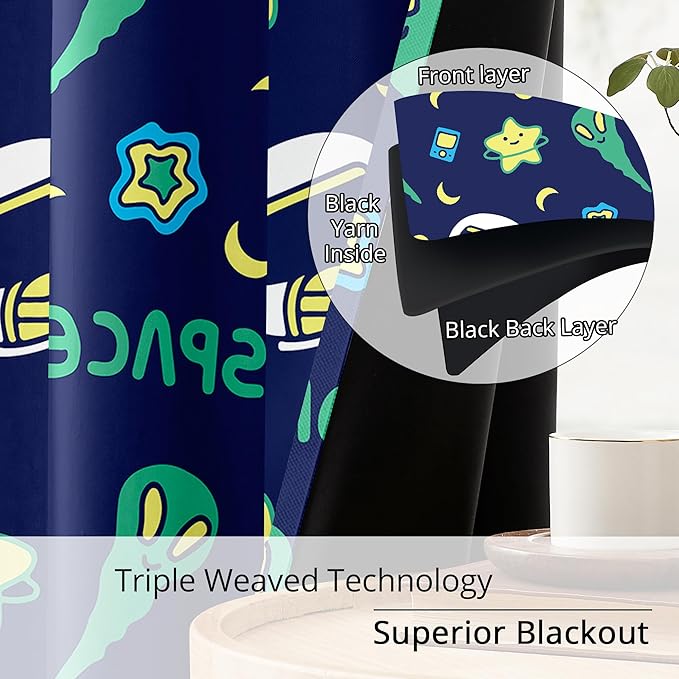 Kids Space Alien Blackout Curtains - 100% Blackout, Thermal Insulated, Noise Reducing, Perfect for Kids Room and Nursery, 2 Panels (Friendly Alien, W52×L63)