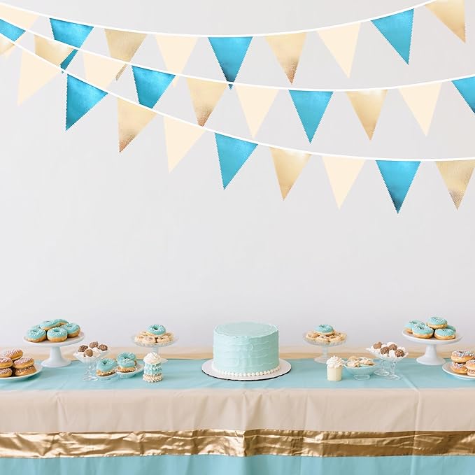 Champagne Gold and Sky Blue Metallic Fabric Triangle Pennant Banner, 32 Feet