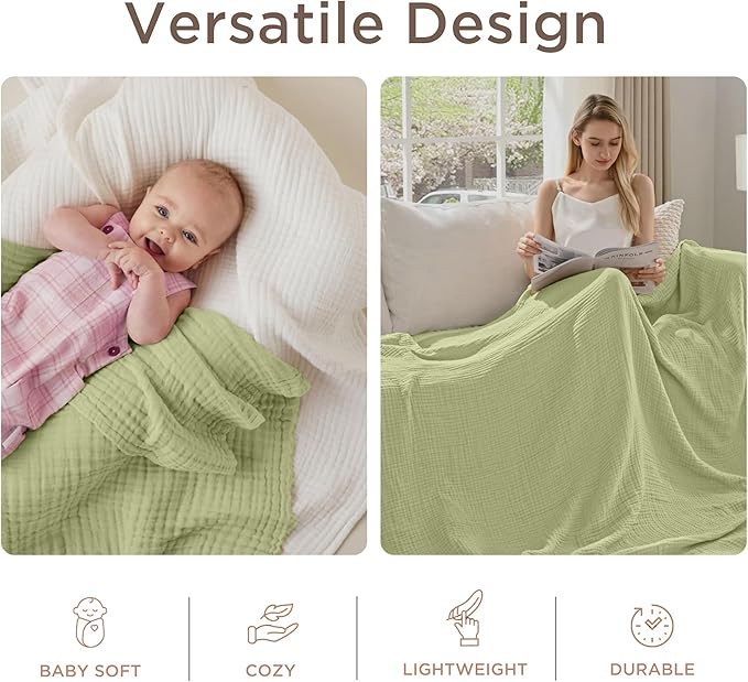 Threadmill Muslin Blanket for Twin Size Bed | 4-Layer Gauze Cotton Throw | Soft, Breathable, and Lightweight for All Seasons | Ideal Blanket or Bed Blanket | Sage Green