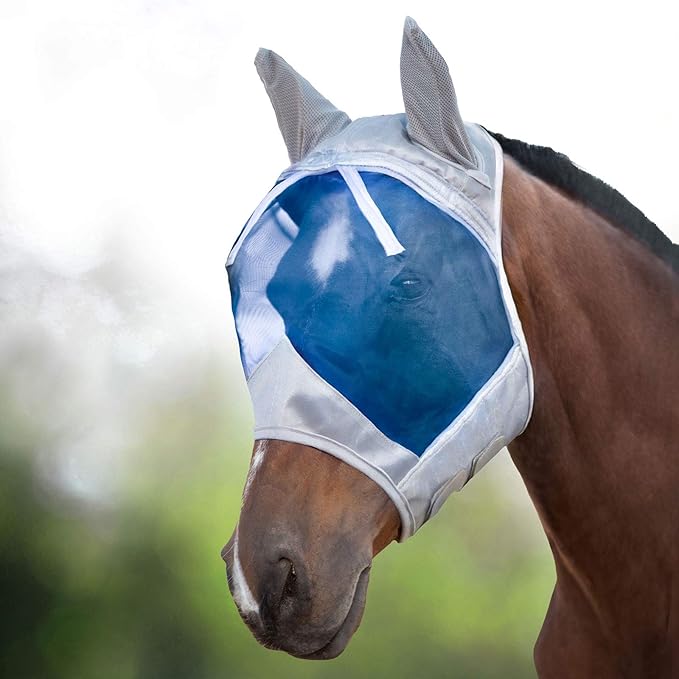 Harrison Howard CareMaster Horse Fly Mask Half Face with Ears Silver/Blue Retro Medium Cob