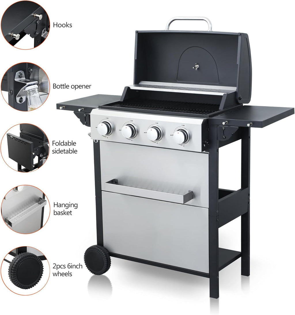 4-Burner Propane Gas BBQ Grill, 34,200 BTU Output, Wire Enamel Cooking Grates, Foldable Side Table and Hanging Basket, Stainless Steel Grill for Outdoor Cooking