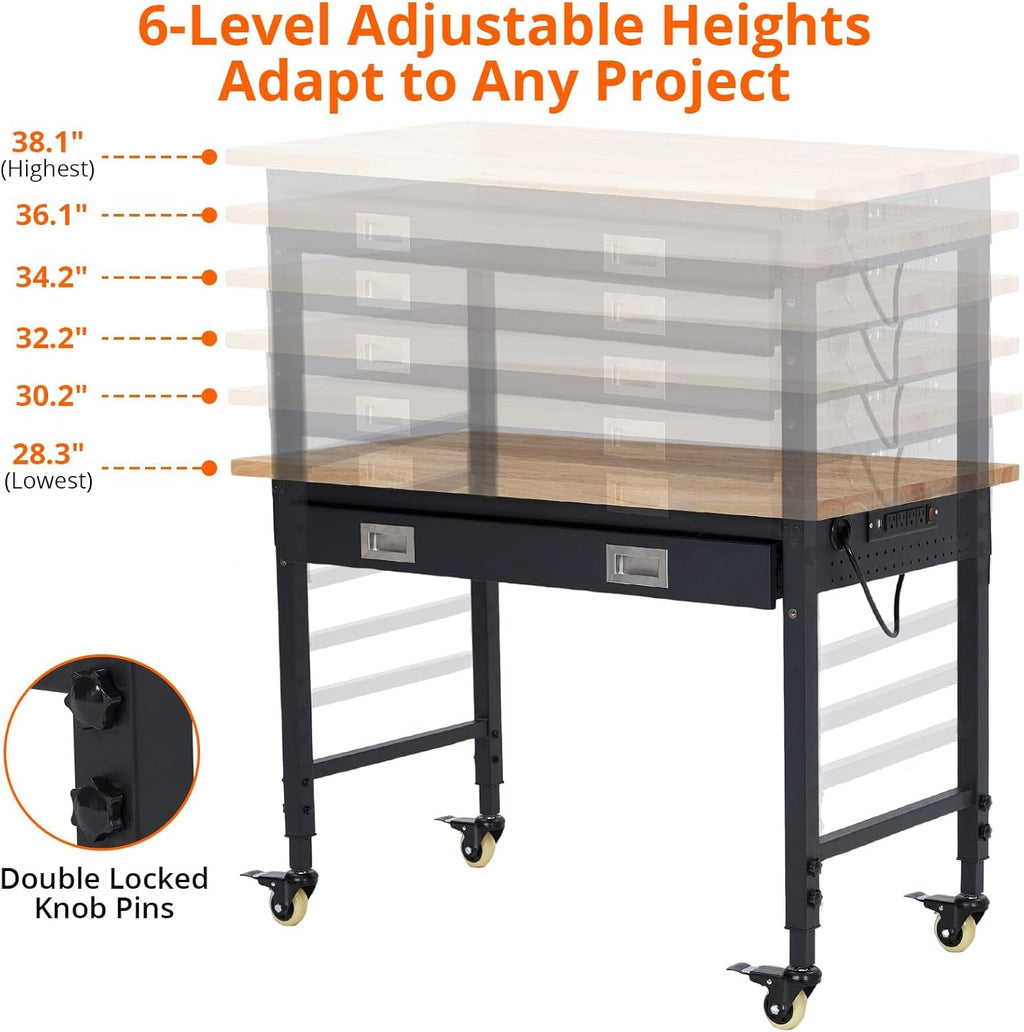 48'' Adjustable Workbench on Wheels, 2000LBS Heavy Duty Worktable with Power Outlets & Drawers, Rubberwood Workstation for Workshop, Garage, Office, Home