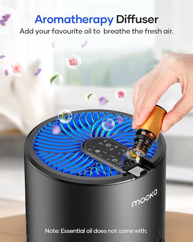 Air Purifiers for Bedroom Home, MOOKA HEPA Air Purifier for Home Pets with Fragrance Sponge for Smoke Dust Pollen Dander Odor, Small Air Purifier with Sleep Mode Night Light Timer, KJ067L, Black