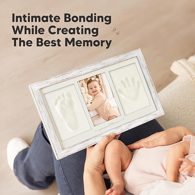 Baby Hand and Footprint Kit - Clay Handprint Keepsake Frame, Newborn Nursery Picture Frame, Personalized New Mom Gifts for Baby Shower & Registry (Vintage Gray)