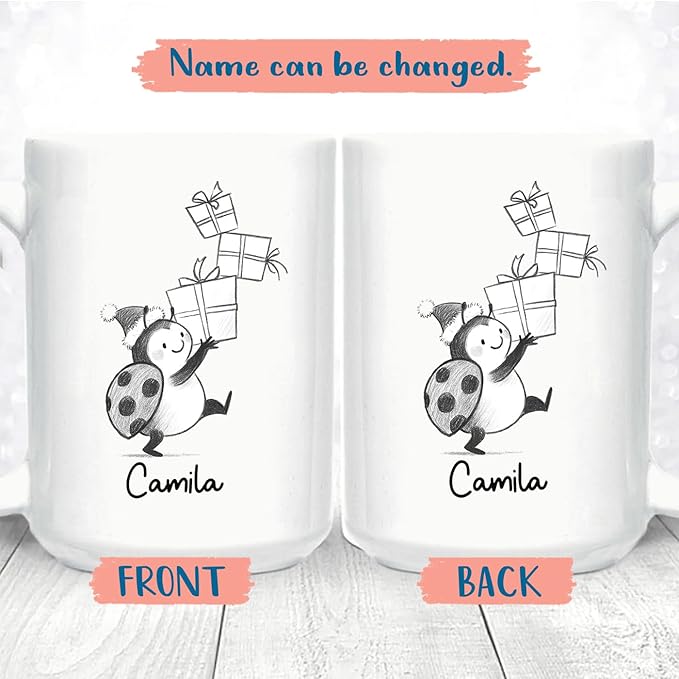 Ladybug Accent Ceramic Teacup, Personalized Ladybug Lover Coffee Mug Gift For Family Friends Besties Sibling, Cute Ladybugs Coffee Cup 11 15Oz, Customized Name Ladybugs White Coffee Cup For Birthday