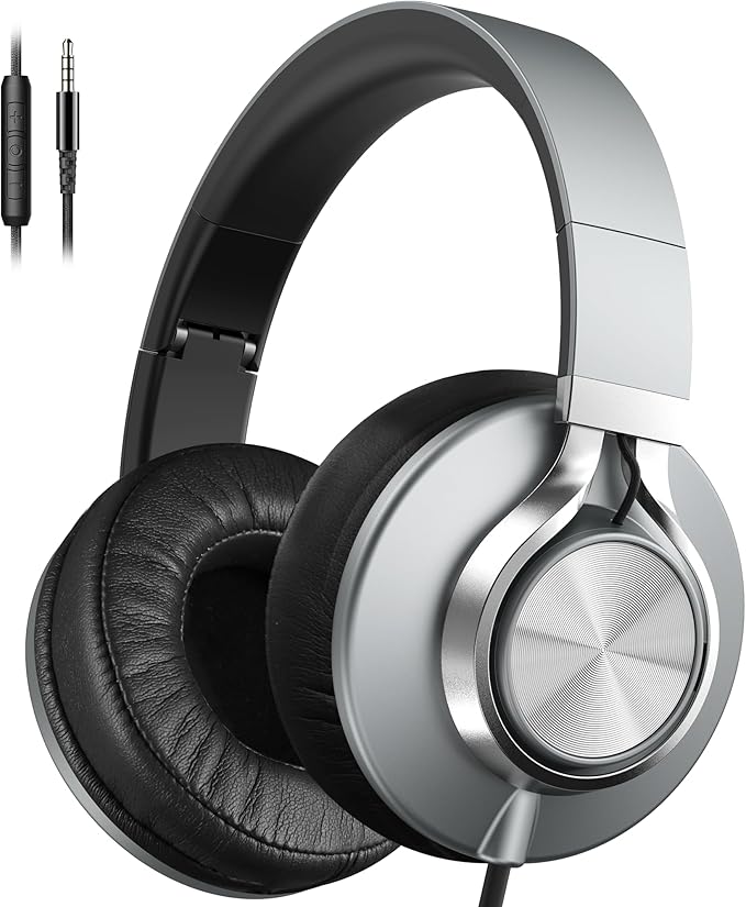 AILIHEN C90 Wired Headphones with Microphone Volume Control, Noise Reduction Over Ear Headphones Wired 3.5mm, Super Soft Corded Headphone for Cellphones, Tablet and Chromebook (Grey)
