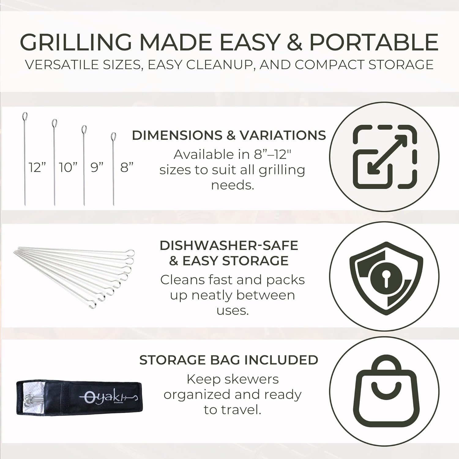 O-Yaki Flat Metal Kabob Skewer for Grilling – Set of 8 BBQ Skewers Stainless Steel with Storage Bag, Dishwasher Safe Skewers with Hook Handle & Sharp Tip for BBQ, Cookouts & Oven Use – 12 Inch
