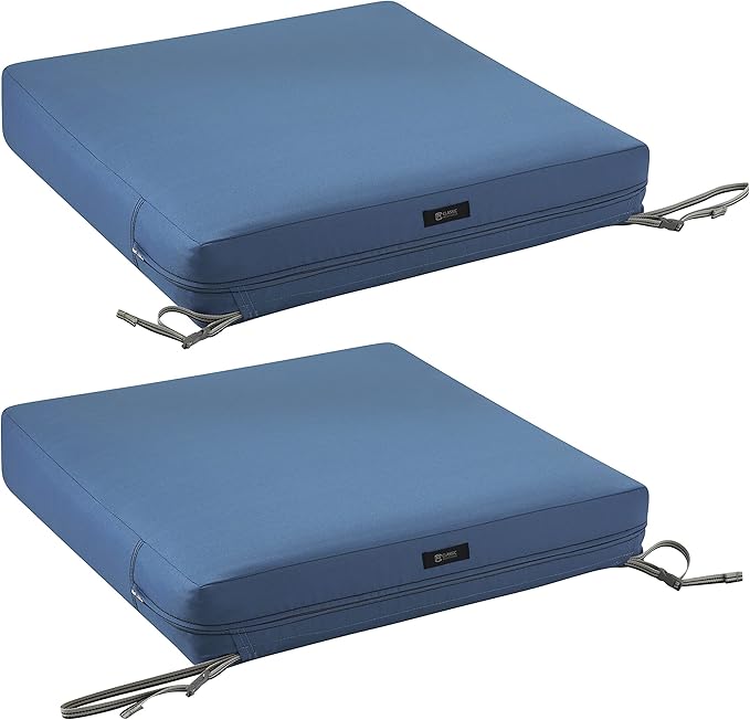 Classic Accessories Ravenna Water-Resistant 25 x 25 x 5 Inch Square Patio Seat Cushion Slip Cover & Foam, Empire Blue, Lounge Chair Cushion