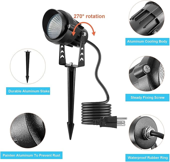 Outdoor LED Warm White Spot Lights, 3000K Landscape SpotLights, 12W IP65 Waterproof Garden Lights, Metal Case COB Lighting with Spiked Stand for Lawn Decorative Lamp US 3- Plug (4 Pack)