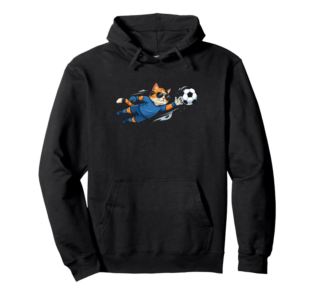 Funny Cat Soccer Goalkeeper Wearing Hoodie - Unique Graphic for Adults