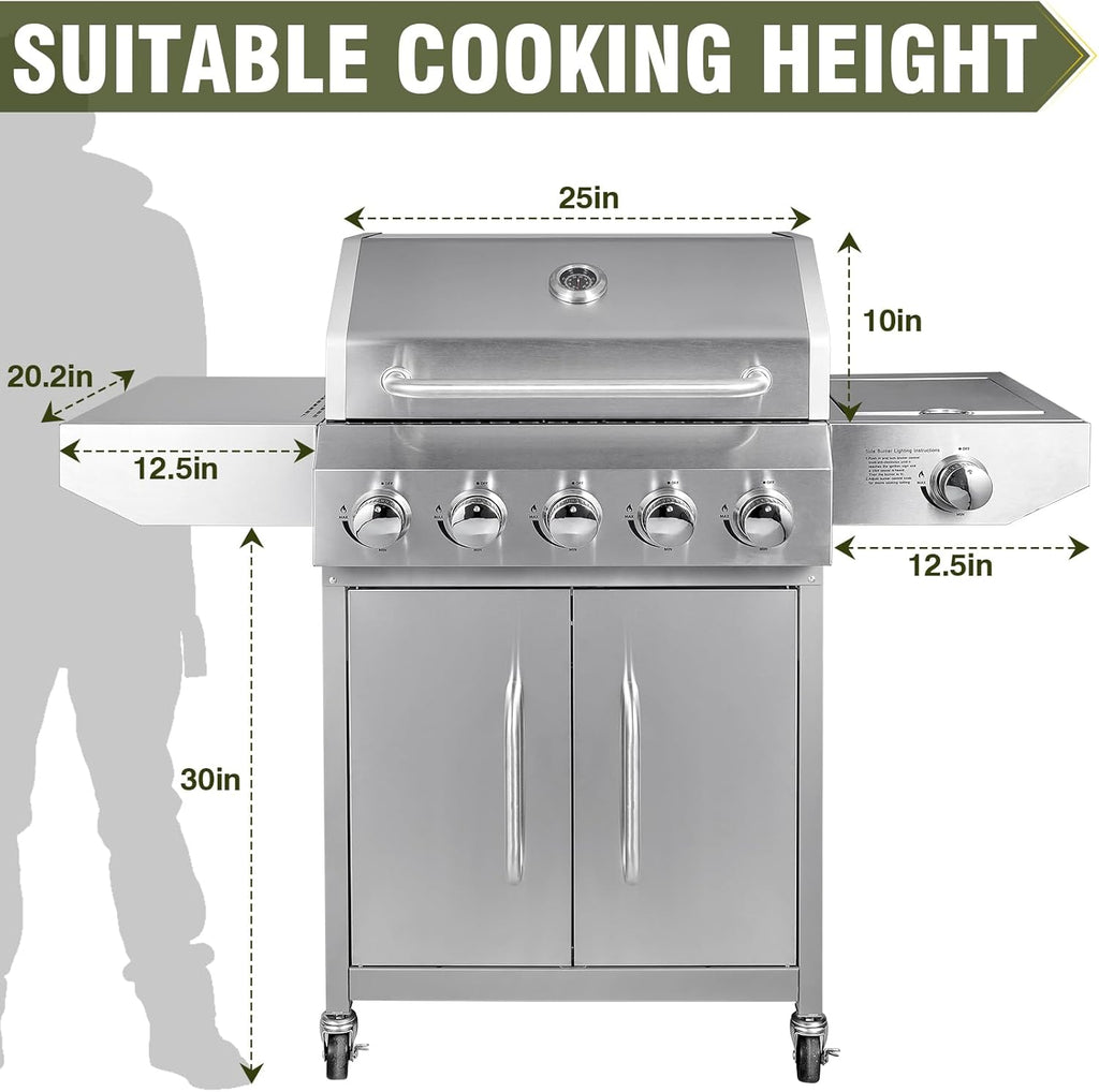 BESTFIRE 68,000 BTU 5+1 Burner Propane Grill - Stainless Steel BBQ with 647 sq in UPGRADED OIL-DRAIN Plates, Cast Iron Grates, Side Burner + FREE Food Clip for Outdoor Cooking