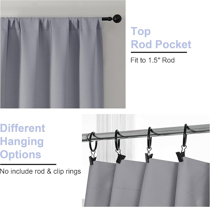 Simplebrand Ava Silver Grey Blackout Curtains for Bedroom 96 Inches Long 2 Panels, Solid Thermal Insulated, Energy Saving Living Room Window Treatment Curtains Blackout Drapes, W40 x L96 Inch, Silver