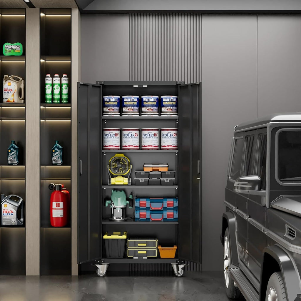 72" H Metal Storage Cabinet with 2 Doors and 4 Adjustable Shelves, Garage Storage Cabinet with Wheels for Garage Home, Required-Assembly,Black