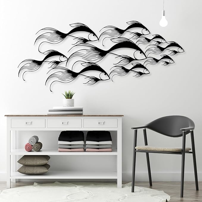 School of Fish Metal Wall Art, Metal Fish Wall Decor, Sea Life Wall Art, Large Nautical Wall Hanging, Modern Beach House Wall Decor, Ocean Themed Artwork for Bathroom (Silver, 35"x15" | 90x38cm)