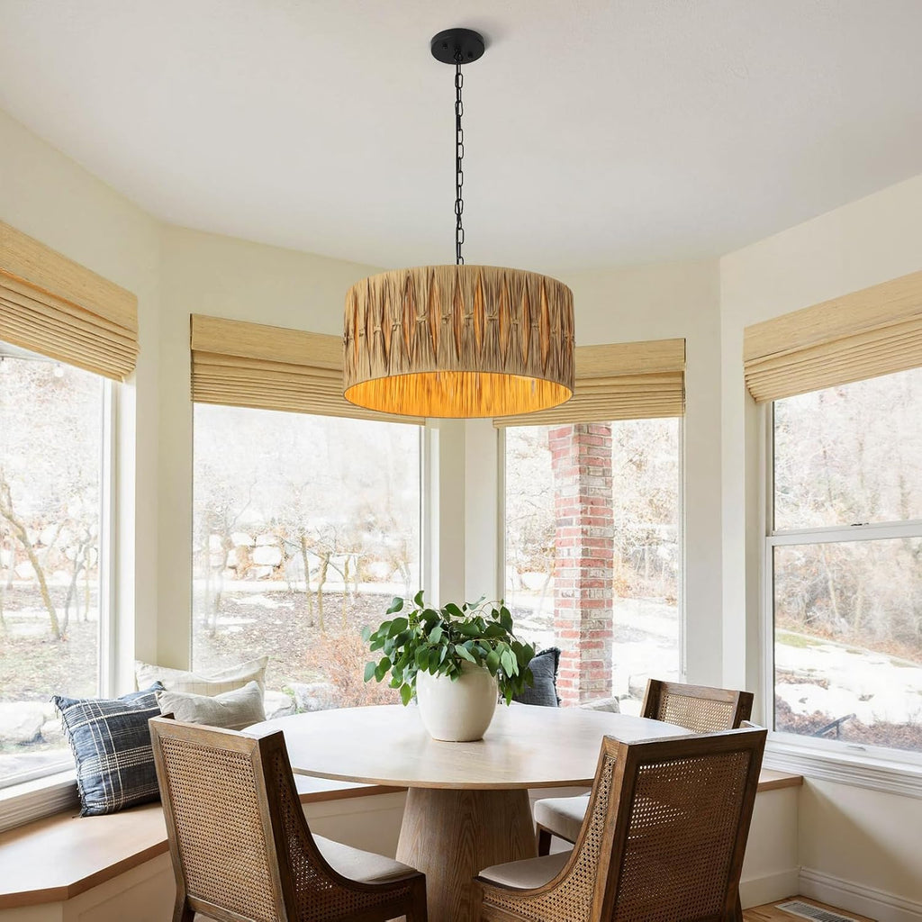 5-Light Boho Chandelier Light Fixture, 18.5" Large Raffia Drum Chandelier Hand Woven Coastal Pendant Light for Dining Room Kitchen Entryway Foyer Bedroom
