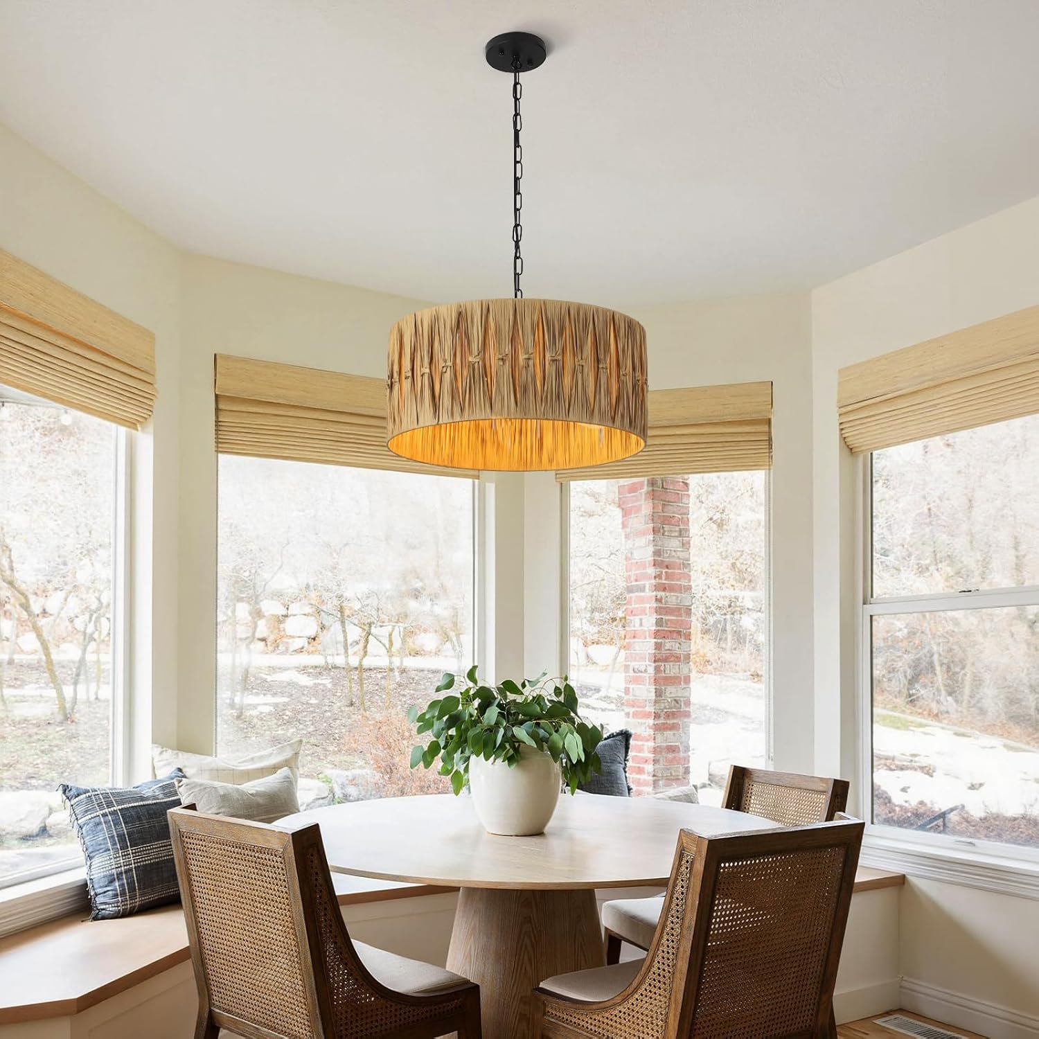 5-Light Boho Chandelier Light Fixture, 18.5" Large Raffia Drum Chandelier Hand Woven Coastal Pendant Light for Dining Room Kitchen Entryway Foyer Bedroom
