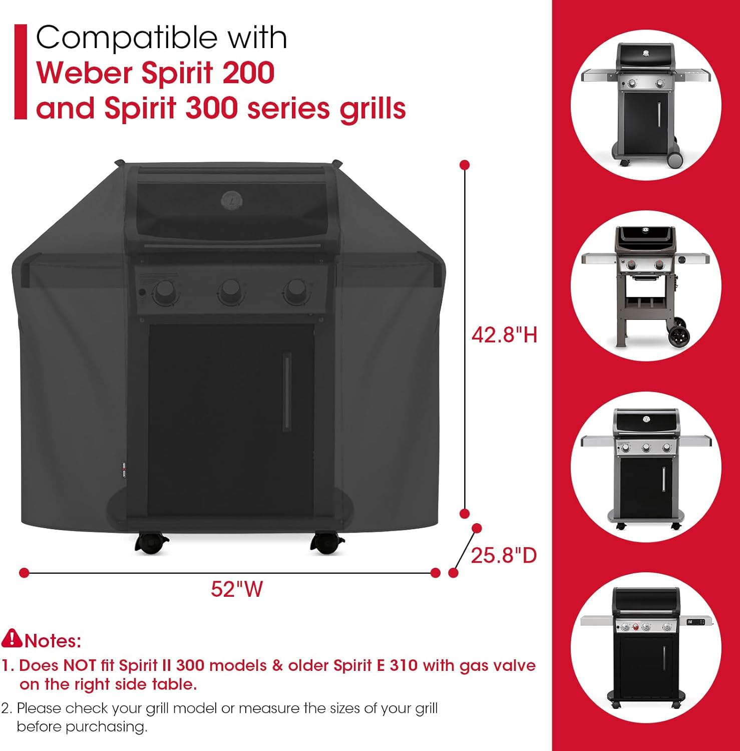 Unicook 52 Inch Grill Cover for Weber Spirit 200 and 300 Series, Gas BBQ Cover for Outdoor Grill, Heavy Duty Waterproof Fade Resistant, Compared to Weber 7106