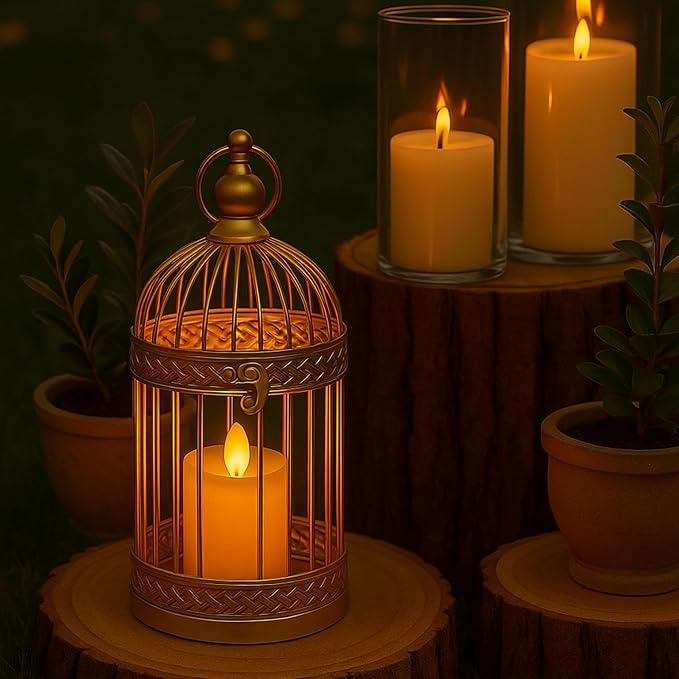 VELA LANTERNS Birdcage Decor Candle Holder Lantern Decorative Wedding Table Centerpiece Decorations, 10" and 6" Tall, Gold, Set of 2