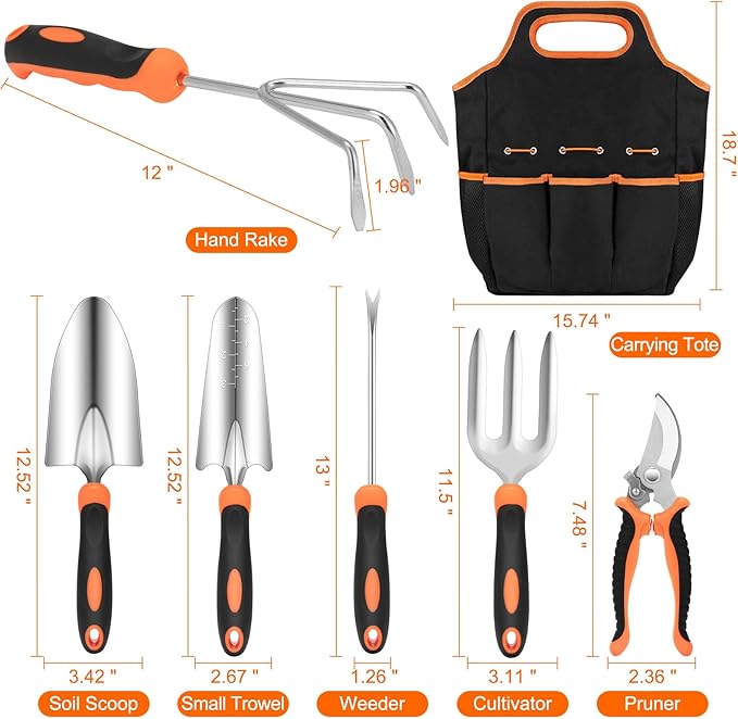 Gardening Tool Set, CHRYZTAL Stainless Steel Heavy Duty Gardening Tool Set, with Non-Slip Rubber Grip, Storage Tote Bag, Outdoor Hand Tools, Ideal Gardening Gifts for Women