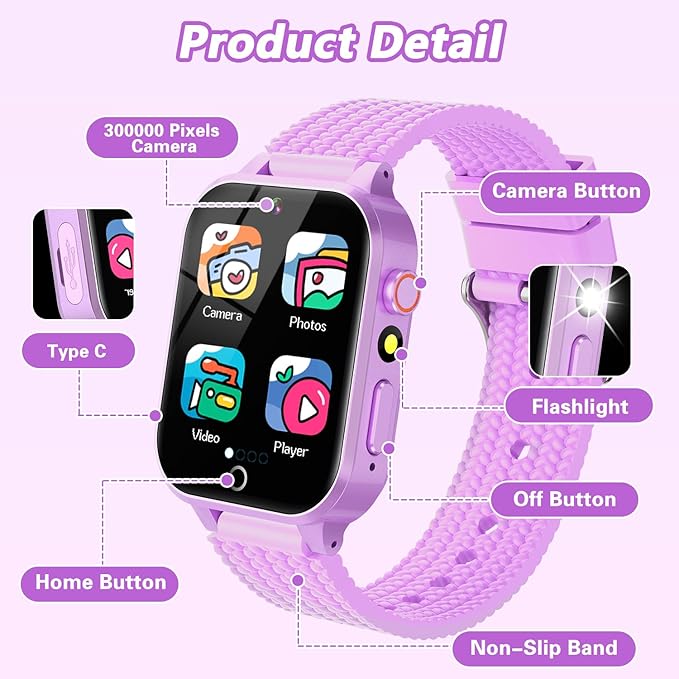 Smart Watch for Kids Girl Gift Ages 3-12, 2 Screen Protector, 26 Puzzle Games, HD Camera Video Music Player Touchscreen Pedometer, Educationtal Toy Brithday Gifts for Girl Ages 4 5 6 7 8 9 10(Purple)