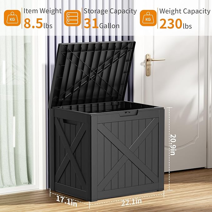 38 Gallon Outdoor Deck Box,Storage Lockable Waterproof Patio Furniture,Garden Tools,Cushions,Pool Accessories Outside Storage Resin Box(BlackX)