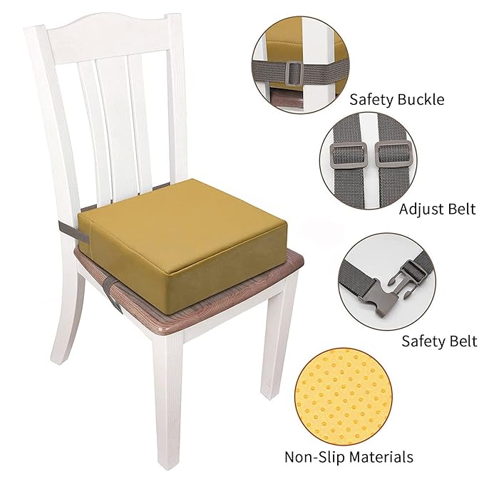 Toddler Booster Seat for Dining Table, PU Washable Double Safe Straps Non-Slip Bottom Booster Seat Dining Toddler, Portable Travel Increasing Cushion (Khaki)
